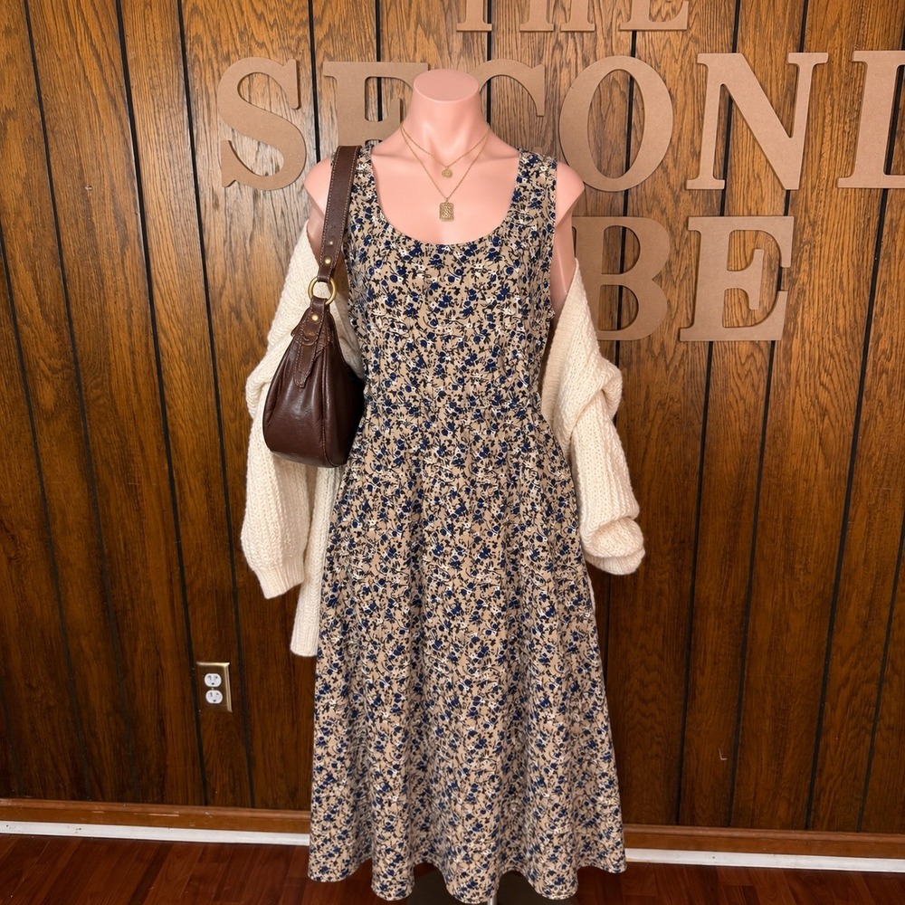 Tan Floral Bobbie Brooks Corduroy Maxi Dress Women L 90s Cottagecore Prairie VTG
